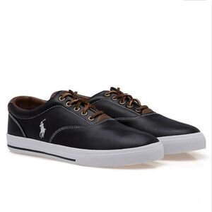 New Polo Ralph Lauren Vaughn Black leather Sneakers polo logo mens 14 shoe